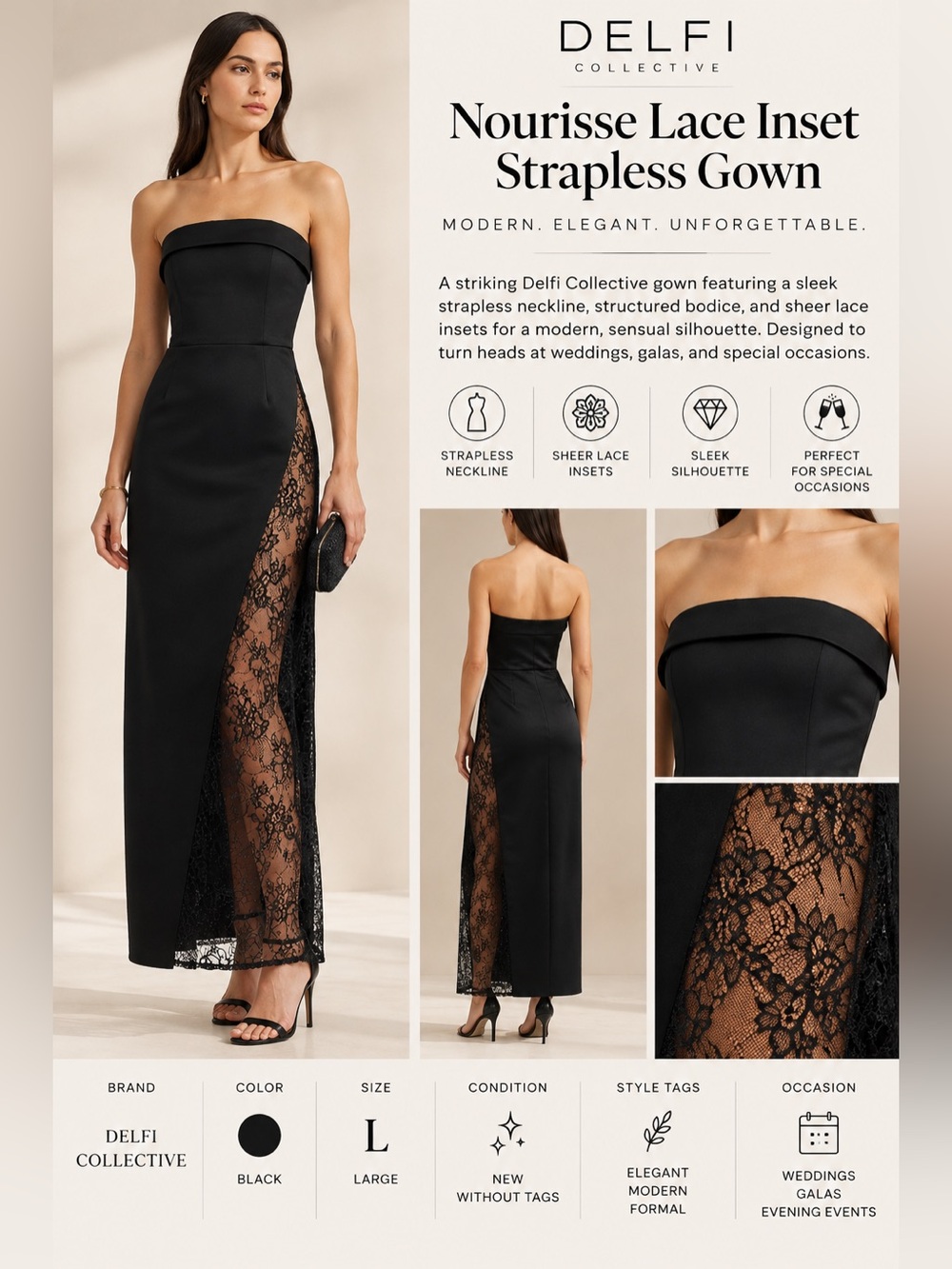 Delfi Collective Nourisse Black Lace Inset Strapless Gown Large NWOT
